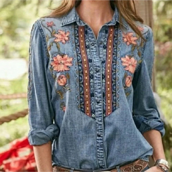 Sundance Driftwood Sandy Embroidered Denim Weekend Wanderer Shirt chambray - Picture 2 of 9